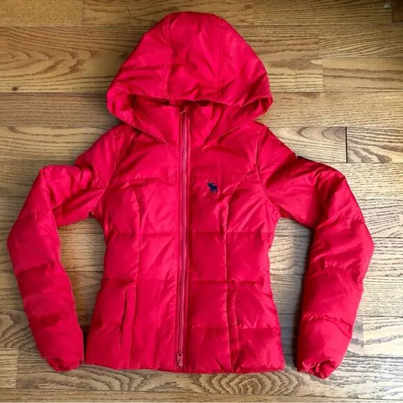 Abercrombie &amp; Fitch Down Hooded Puffer Jacket Cherry Red Women’s Size XS