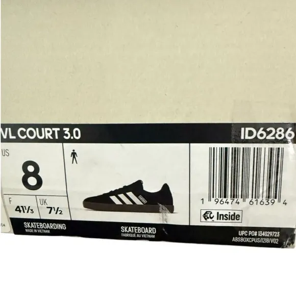 Adidas Black and White Skateboarding Shoes VL Court 3.0 ID6286 Men’s Size 8