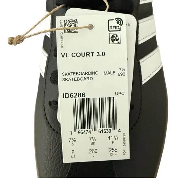 Adidas Black and White Skateboarding Shoes VL Court 3.0 ID6286 Men’s Size 8