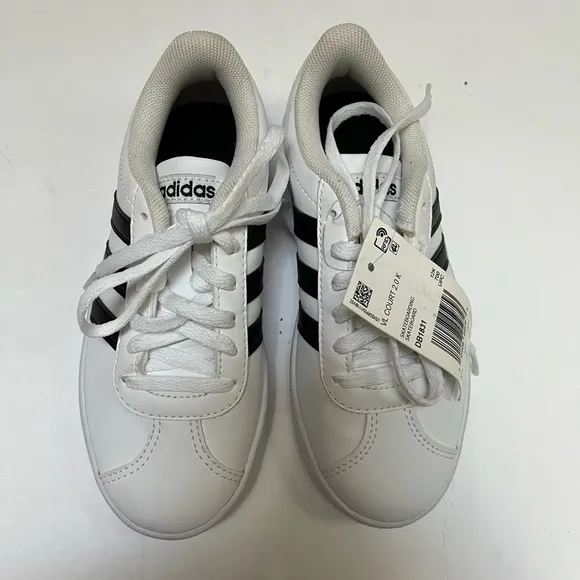 Adidas  Boys Vl Court 2.0 Sneakers Shoes sz 12.5k White Leather Black Stripe