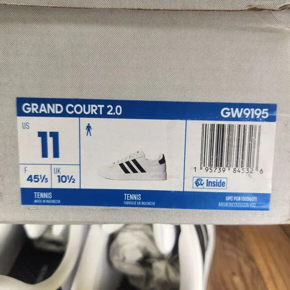 Adidas Grand Court 2.0 Mens 11 White Black Leather Tennis Sneakers Shoes GW9195
