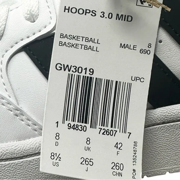 Adidas Men’s Hoops 3.0 Mid GW3019 White/Black Size 8.5