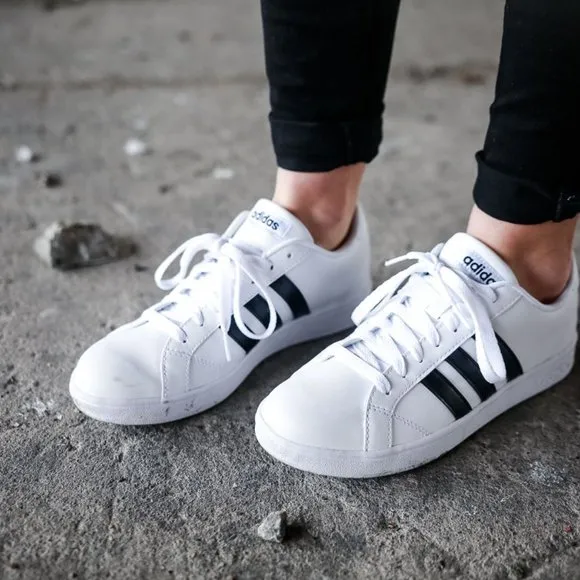 Adidas Neo Baseline M Leather Sneakers - White w/ Black Stripes