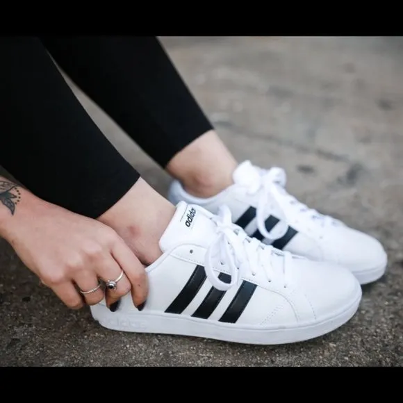Adidas Neo Baseline M Leather Sneakers - White w/ Black Stripes