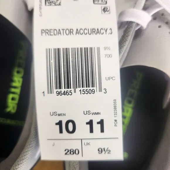 Adidas Predator Accuracy.3 L FG Soccer Cleats Men's 10 White Athletic GZ0014 NEW