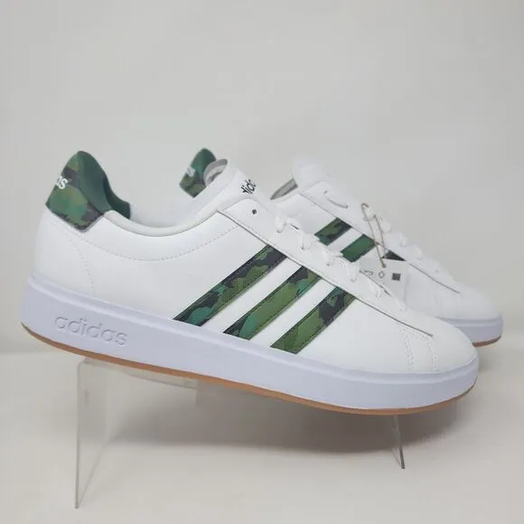 Adidas Tennis Shoes Mens 13 White Green Camo Grand Court Cloudfoam Sneakers