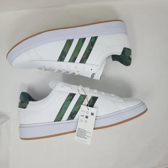Adidas Tennis Shoes Mens 13 White Green Camo Grand Court Cloudfoam Sneakers