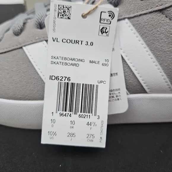 Adidas VL Court 3.0 Skateboarding Shoes Sneakers ID6276 Grey/White Men's Sz 10.5