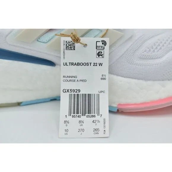 Adidas Womens Size 10 Ultraboost 22 White Grey Pink Road Running Shoes Sneakers