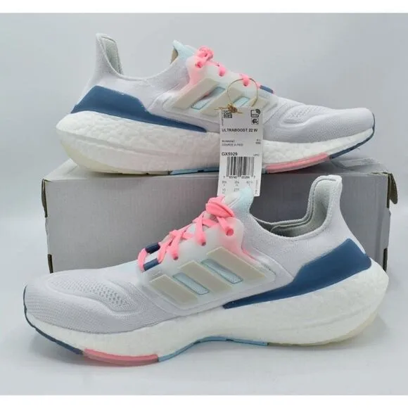 Adidas Womens Size 10 Ultraboost 22 White Grey Pink Road Running Shoes Sneakers