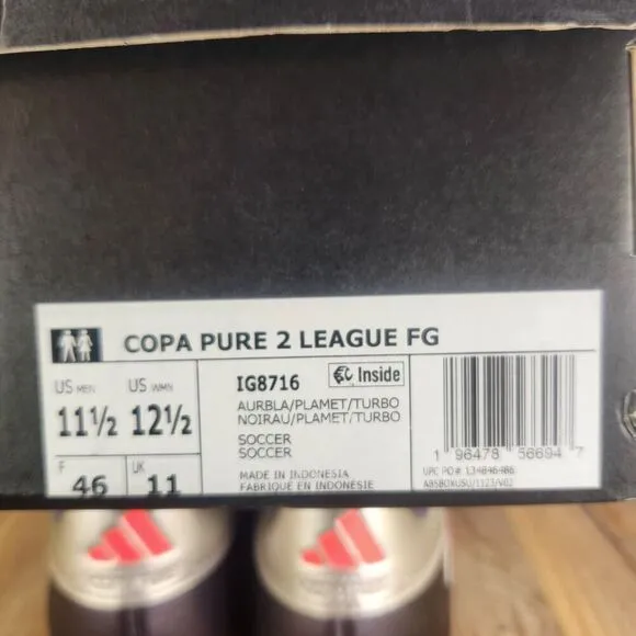 Adidas Copa Pure 2 League FG Mens Sz 11.5 Purple Silver Low Soccer Cleats IG8716