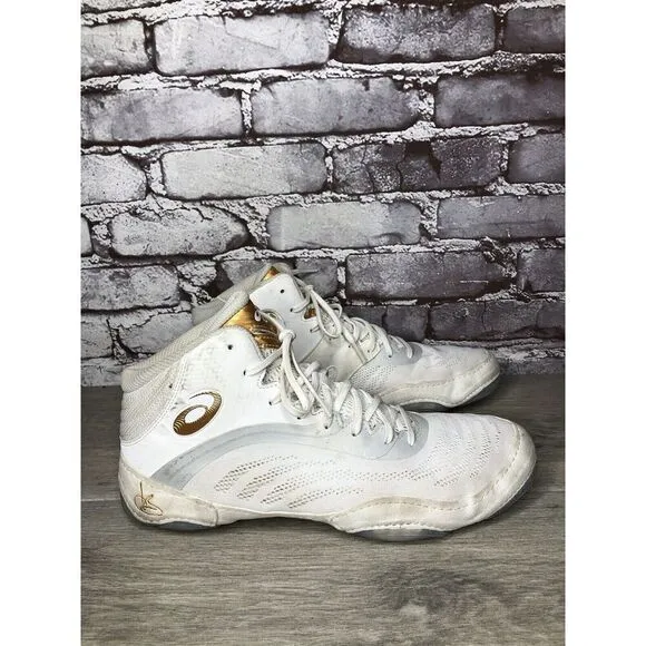 ASICS JB Elite White Synthetic Suede Gold Lace Wrestling Boxing Shoes Men 10M US