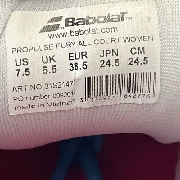 Babolat Shoes Women's 7.5 White Blue Propulse Fury All Court Tennis 31S21477‎