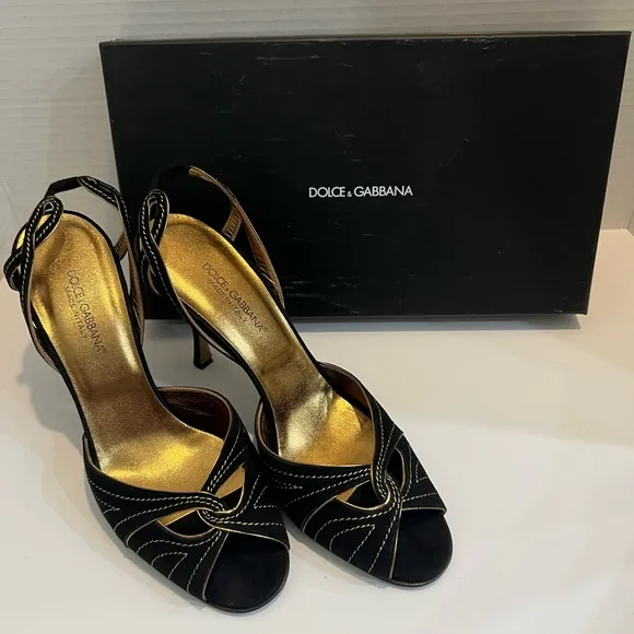 Dolce Gabbana Blk Suede w/ Gold Trim. Size 40