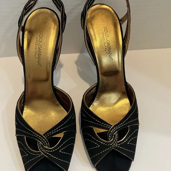 Dolce Gabbana Blk Suede w/ Gold Trim. Size 40