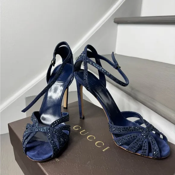GUCCI Navy Blue Crystal Strappy Heels 39.5