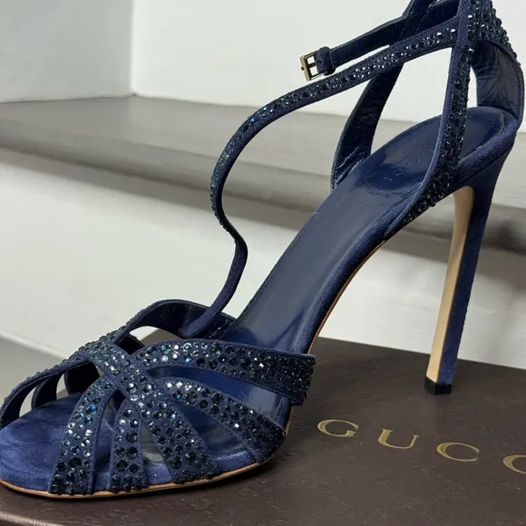 GUCCI Navy Blue Crystal Strappy Heels 39.5
