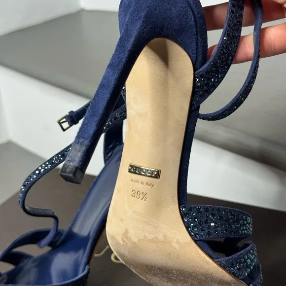 GUCCI Navy Blue Crystal Strappy Heels 39.5