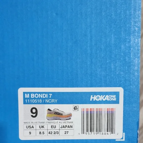 Hoka One One Bondi 7 1110518-NCRY Men's US 9 Shoes Gray Nimbus Cloud Sneakers