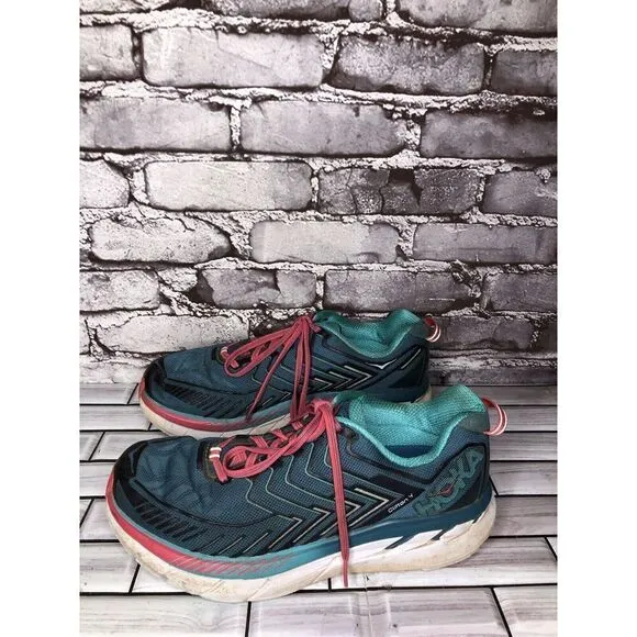 Hoka One One Clifton 4 Blue White Pink Lace Up Road Running Shoes Women Sz 9.5D