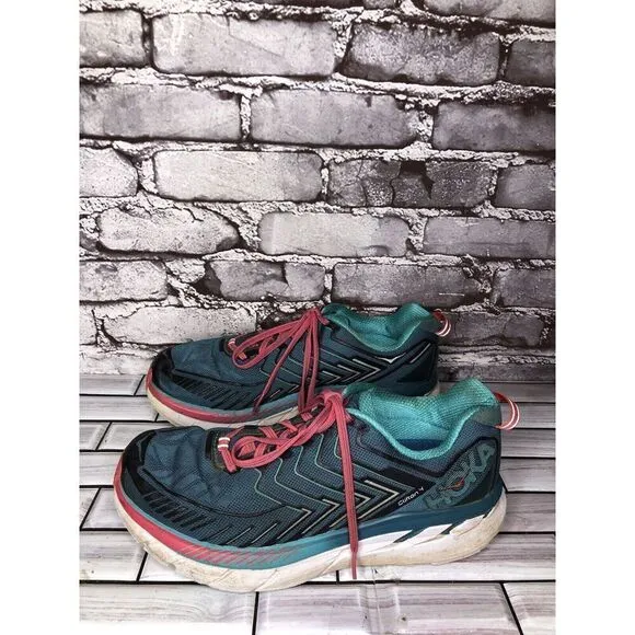 Hoka One One Clifton 4 Blue White Pink Lace Up Road Running Shoes Women Sz 9.5D