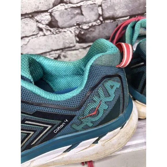 Hoka One One Clifton 4 Blue White Pink Lace Up Road Running Shoes Women Sz 9.5D