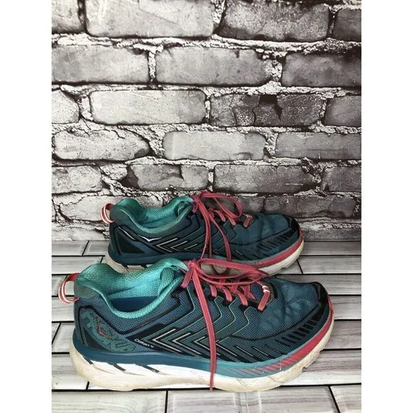 Hoka One One Clifton 4 Blue White Pink Lace Up Road Running Shoes Women Sz 9.5D