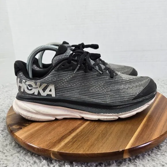 Hoka One One Youth Clifton 9 Black White Athletic Daily Gym Running Shoes Kids 6