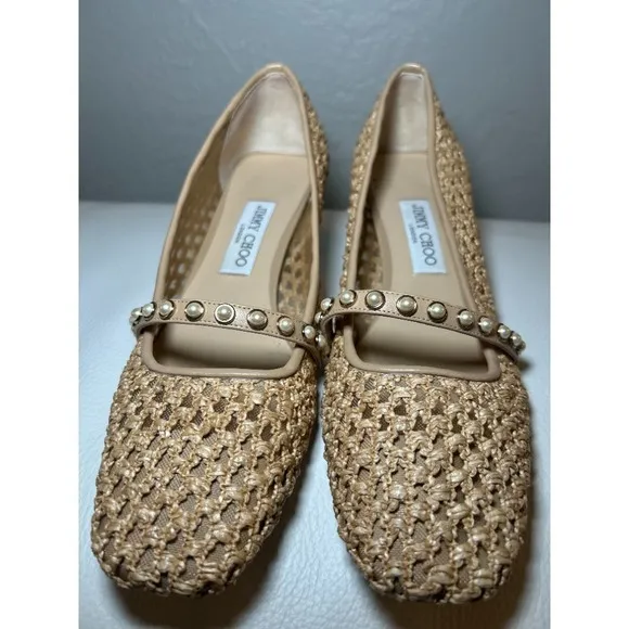 Jimmy Choo Dellena 100 Ballet‎ Pink Nappa w Pearl Studs Flats Shoes Size 40 US 9