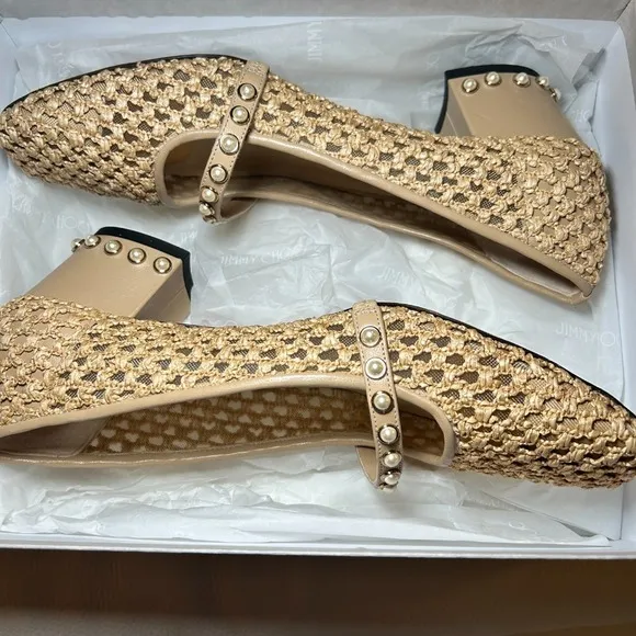 Jimmy Choo Dellena 100 Ballet‎ Pink Nappa w Pearl Studs Flats Shoes Size 40 US 9