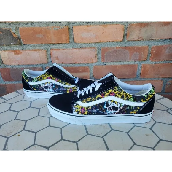 Men Sz 9 Vans Old Skool Beauty Skull Black True White Canvas Suede Shoes Rare