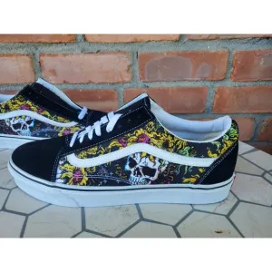 Men Sz 9 Vans Old Skool Beauty Skull Black True White Canvas Suede Shoes Rare