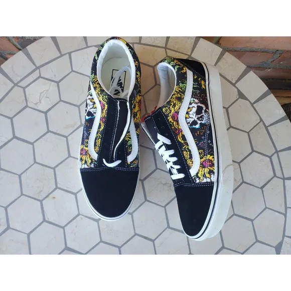Men Sz 9 Vans Old Skool Beauty Skull Black True White Canvas Suede Shoes Rare