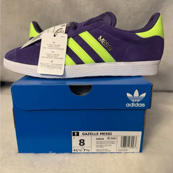 Mens adidas Gazelle Messi Soccer IH8164 Shoes Purple / Lucid Lemon / White SZ 8