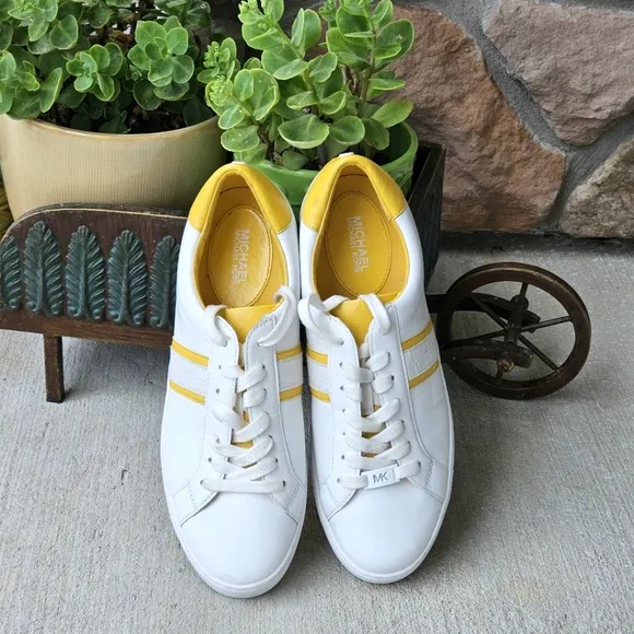 Michael Kors Irving Stripe Lace Up Womens Comfort Shoes White Yellow Sneakers 10