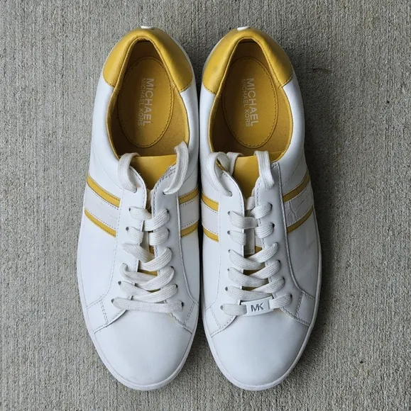 Michael Kors Irving Stripe Lace Up Womens Comfort Shoes White Yellow Sneakers 10