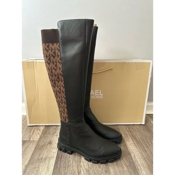 Michael Kors Ridley Leather and Logo Jacquard Knee Boot Size 8 $275