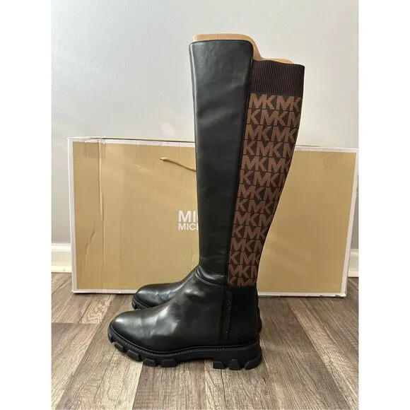 Michael Kors Ridley Leather and Logo Jacquard Knee Boot Size 8 $275