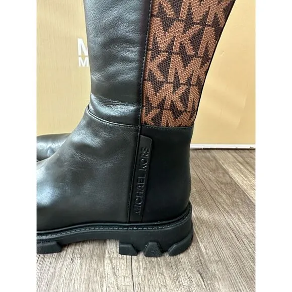Michael Kors Ridley Leather and Logo Jacquard Knee Boot Size 8 $275