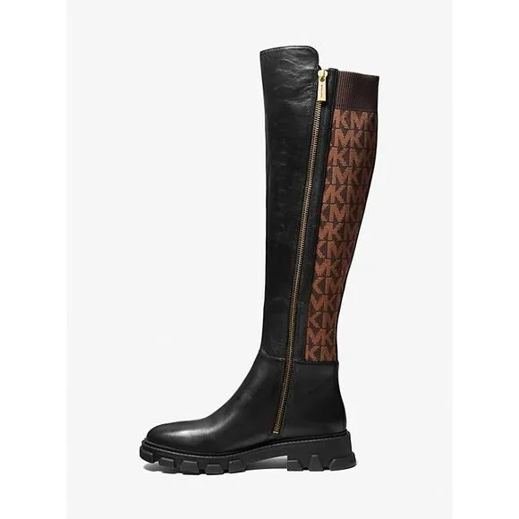 Michael Kors Ridley Leather and Logo Jacquard Knee Boot Size 8 $275