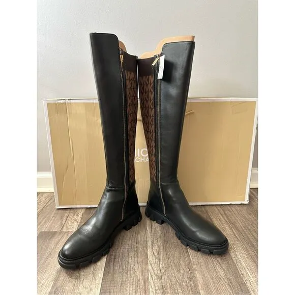 Michael Kors Ridley Leather and Logo Jacquard Knee Boot Size 8 $275