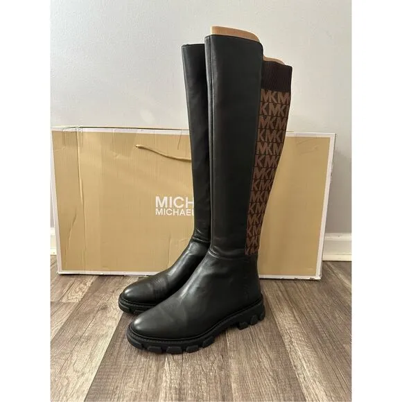 Michael Kors Ridley Leather and Logo Jacquard Knee Boot Size 8 $275