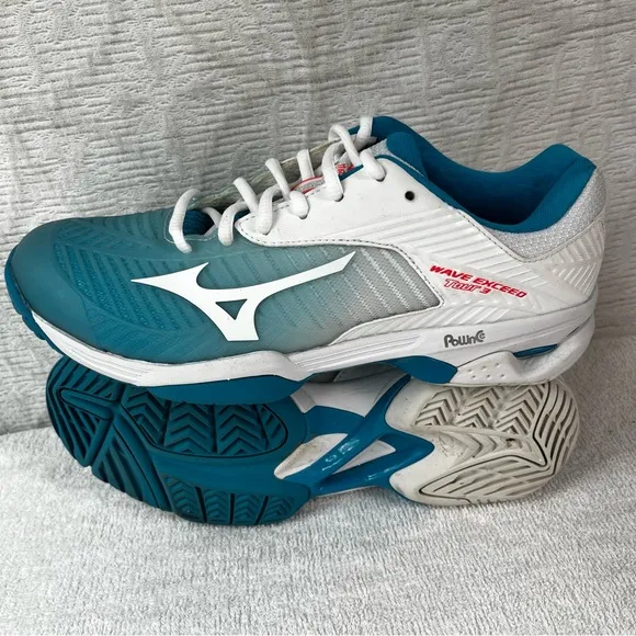 Mizuno Womens 8 Wave Exceed Tour 3 All Court Tennis Shoes Blue Jewel Fiery Coral