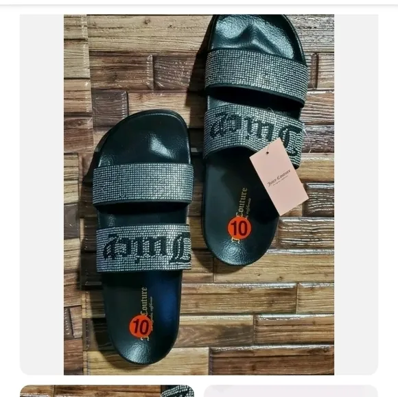 NEW JUICY COUTURE BLACK BLING RHINESTONES SLIDES SANDALS SIZE 10
