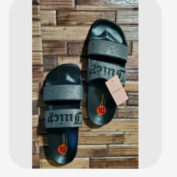 NEW JUICY COUTURE BLACK BLING RHINESTONES SLIDES SANDALS SIZE 10