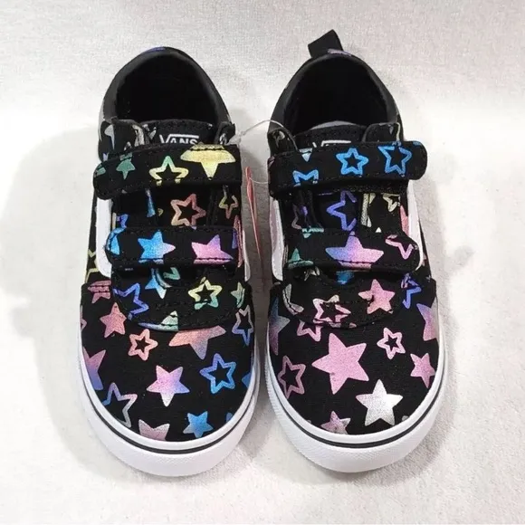 NEW ⭐️🌈 Vans Toddler Girl's Ward V Foil Stars Black/Multi Skate Shoes 🌈⭐️ NEW