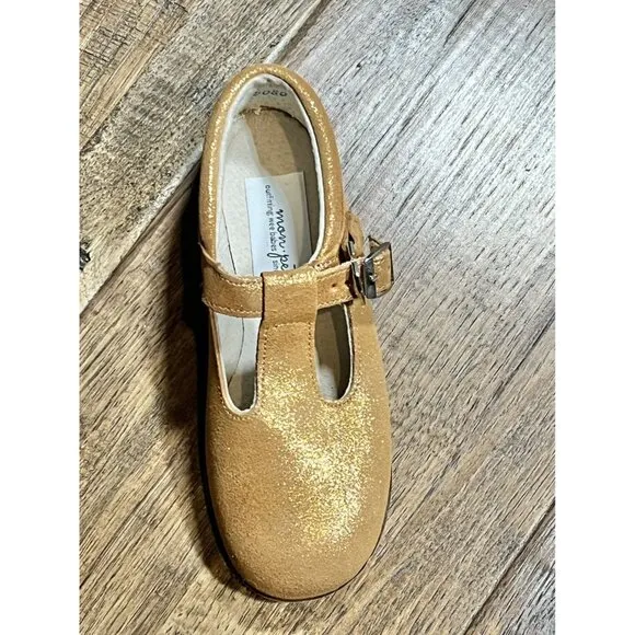 NIB Mon Petit Shoes Gold Shimmer T Strap Hard Soles sz 12 Little Kid