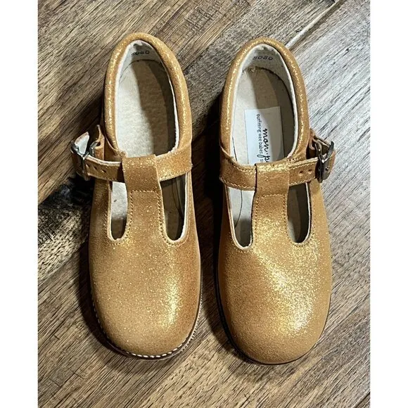 NIB Mon Petit Shoes Gold Shimmer T Strap Hard Soles sz 12 Little Kid