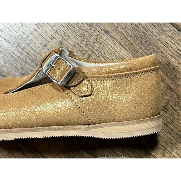 NIB Mon Petit Shoes Gold Shimmer T Strap Hard Soles sz 12 Little Kid