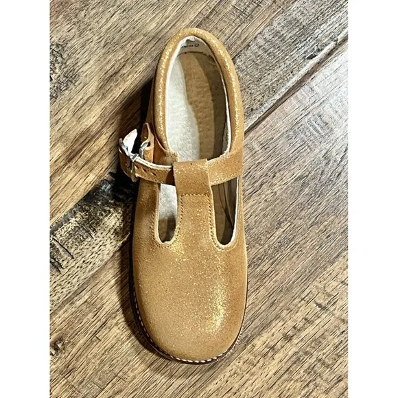NIB Mon Petit Shoes Gold Shimmer T Strap Hard Soles sz 12 Little Kid
